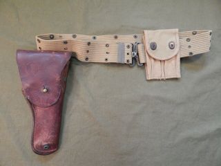 Wwii U.  S.  Army,  Khaki Web Pistol Belt,  Wwii 1944 Dated Boyt.  45 Leather Holster