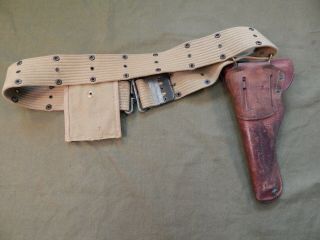 WWII U.  S.  Army,  Khaki Web Pistol Belt,  WWII 1944 Dated BOYT.  45 Leather Holster 5