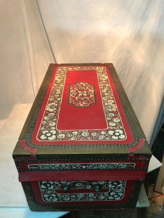 Antique Very Old Hand Painted Wood & Brass Doll Trunk Loaded With Goodies 3