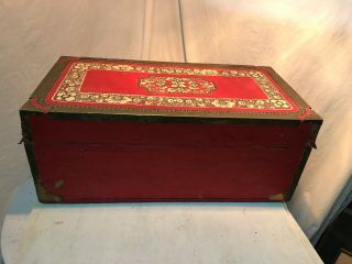 Antique Very Old Hand Painted Wood & Brass Doll Trunk Loaded With Goodies 4