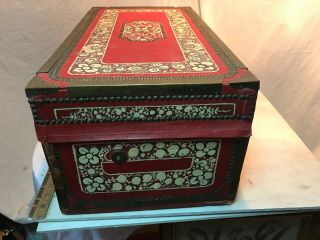 Antique Very Old Hand Painted Wood & Brass Doll Trunk Loaded With Goodies 5