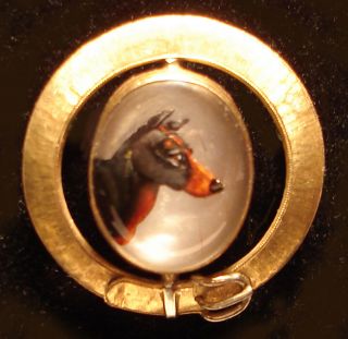 Victorian Antique 14k Gold Essex Doberman Pinscher Dog Portrait Pin Hand Painted