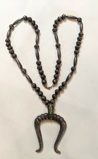 Early Vtg Silver & Cerrillosturquoise Navajo Indian Bead Necklace W/ Heavy Naja