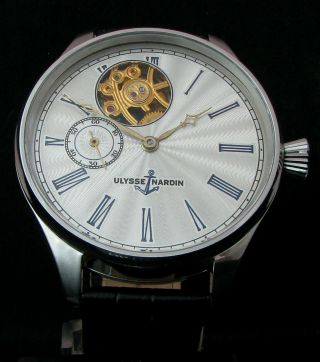 Ulysse Nardin Antique Marine Chronometre Large Steel Wristwatch Half - Skeleton