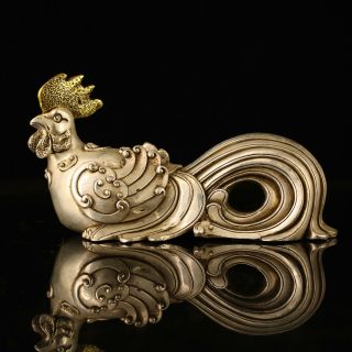 Chinese Old Copper Plating Silver Hand - Made Gold Drawing Chicken Statue C02e