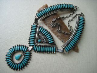 Vintage Old Pawn Zuni Turquoise & Sterling Needlepoint Necklace 20 Inches