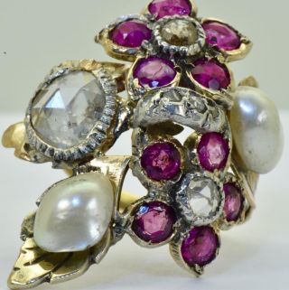Unique Antique Russian 14k Gold,  1.  3ct Rose Diamonds,  1ct Ruby&pearls Ring C1920 