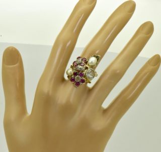 Unique antique Russian 14k gold,  1.  3ct Rose Diamonds,  1ct Ruby&Pearls ring c1920 ' s 2