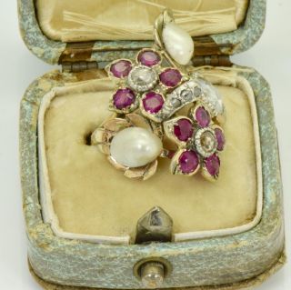 Unique antique Russian 14k gold,  1.  3ct Rose Diamonds,  1ct Ruby&Pearls ring c1920 ' s 3