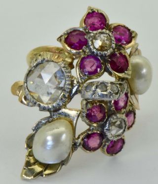 Unique antique Russian 14k gold,  1.  3ct Rose Diamonds,  1ct Ruby&Pearls ring c1920 ' s 5