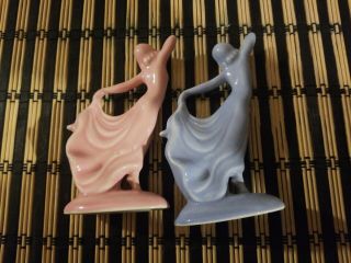 Vintage 70s Art Deco Porcelain Dancing Lady Figurine pink and blue set 6