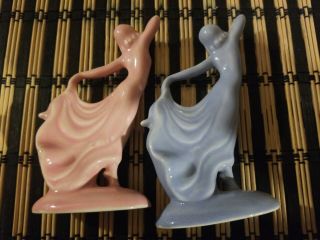 Vintage 70s Art Deco Porcelain Dancing Lady Figurine pink and blue set 7