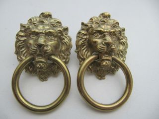Vintage Lion Head Drop Ring Drawer Pulls Cast Metal Brass Plated Pair