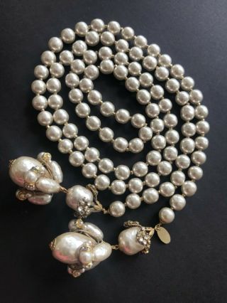 Sign Miriam Haskell Large Baroque Pearls Rhinestone Necklace Jewelry 45” Long 2