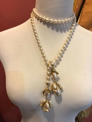 Sign Miriam Haskell Large Baroque Pearls Rhinestone Necklace Jewelry 45” Long 4