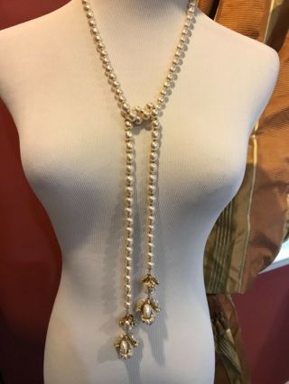 Sign Miriam Haskell Large Baroque Pearls Rhinestone Necklace Jewelry 45” Long 5