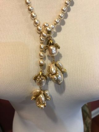 Sign Miriam Haskell Large Baroque Pearls Rhinestone Necklace Jewelry 45” Long 7