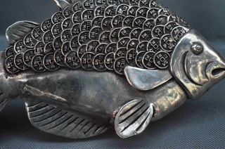 Collectable Chinese Old Handwork Miao Silver Carve Vivid Goldfish Noble Statue 5
