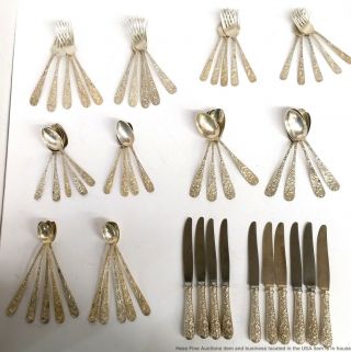 Antique Kirk Stieff Rose Repousse Sterling Silver 57 Pc Flatware Set 68.  86ozt