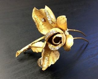 Stunning French 18k Yellow Gold Diamond Vintage 1930s Rose Brooch Corsage Pin
