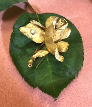 Stunning French 18K Yellow Gold Diamond Vintage 1930s Rose Brooch Corsage Pin 2