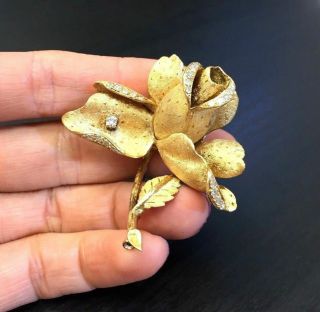 Stunning French 18K Yellow Gold Diamond Vintage 1930s Rose Brooch Corsage Pin 3