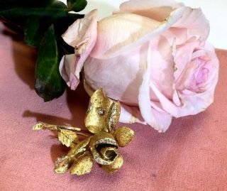 Stunning French 18K Yellow Gold Diamond Vintage 1930s Rose Brooch Corsage Pin 6