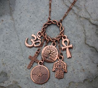 Ancient Religions Coexist Copper Charm Necklace - Om,  Hamsa,  Tree Of Life,  Cross