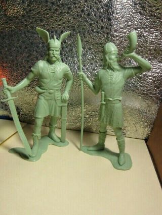2 Vintage Louis Marx 1964 Green Viking Figures Broadsword And Horn & Spear 6”