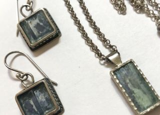 Vtg Signed Luli Hamersztein Ancient Roman Glass Sterling Necklace Earrings Set