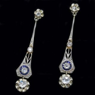 Antique Earrings Victorian Edwardian 18k Gold Silver Diamonds Sapphires (6291)