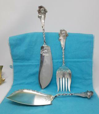 Whiting Mfg.  Co.  Sterling Peony,  No.  26 Fish Serving Fork,  Knife & Ice Cream Svr