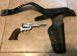 Vintage Pony Boy Revolver Cap Gun Silver W/ Brown Handle W/ Holster