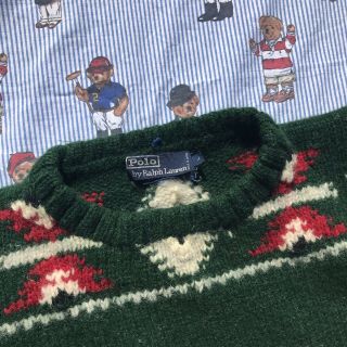 RARE Vintage Polo Ralph Lauren Dog Sled Snow Beach Wool Hand Knit Sweater Large 2