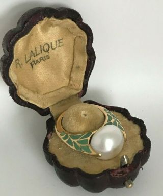 Antique Rene Lalique 18k Gold Green Plique - A - Jour Enamel Pearl Ladies Ring