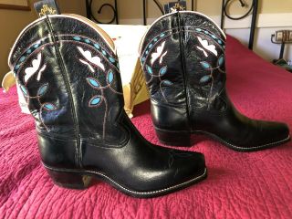 Nos Womens 8b Goding Black Butterfly Cut - Out Western Cowboy Boots W/box