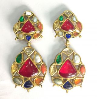 Vintage Antique 22k Gold Jewelry Navratan Gemstones Earring Pair India