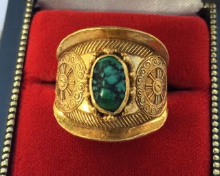 Antique Heavy Chinese Turquoise 22k Gold Stone Engraved Sun Ring 12.  4g Sz 9