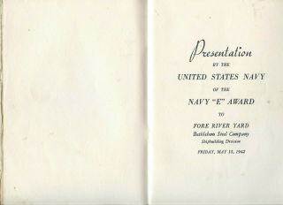 1942 Program U.  S.  Navy " E " Award To Bethlehem Steel Fore River Yard Quincy,  Ma