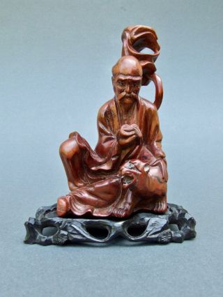 Vintage Chinese Wooden Carving Sage Figurine With Cat Tiger On Hardwood Stand