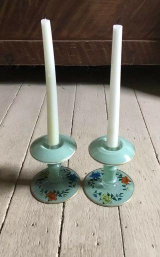 Hand Painted Antique Glass Candle Sticks Gold Trim Reverse Flowers Ca.  1930’s 40s