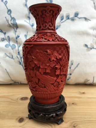 Antique / Vintage Chinese Cinnabar Vase & Stand Blue Enamel Inside