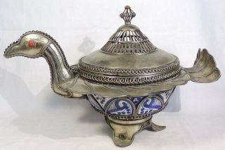 Early Hand Made Middle Eastern Silver & Porcelain Bird Decor Covered Bowl