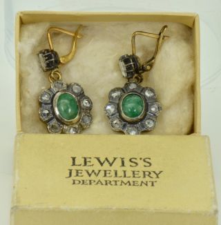 Antique Victorian 18k Gold,  1.  3ct Diamonds&3ct Emeralds Earrings Set C1880 