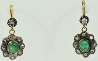 Antique Victorian 18k gold,  1.  3ct Diamonds&3ct Emeralds earrings set c1880 ' s 3