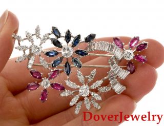 Vintage Diamond 9.  60cts Sapphire Ruby 18k White Gold Floral Pin 19.  4 Grams Nr