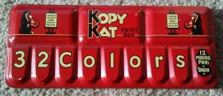 Vintage Kopy Kat Paint Box 32 Colors In Red Metal Box With Cat Graphics