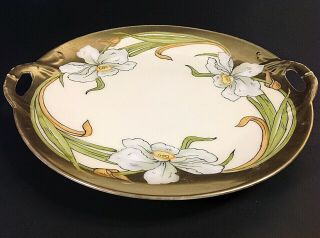 P.  T.  BAVARIA CHINA CAKE PLATE.  HAND PAINTED.  1920 ' S 10 INCH ANTIQUE GOLD TRIM 2