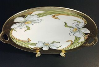 P.  T.  BAVARIA CHINA CAKE PLATE.  HAND PAINTED.  1920 ' S 10 INCH ANTIQUE GOLD TRIM 4