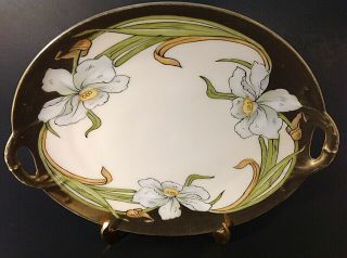 P.  T.  BAVARIA CHINA CAKE PLATE.  HAND PAINTED.  1920 ' S 10 INCH ANTIQUE GOLD TRIM 7